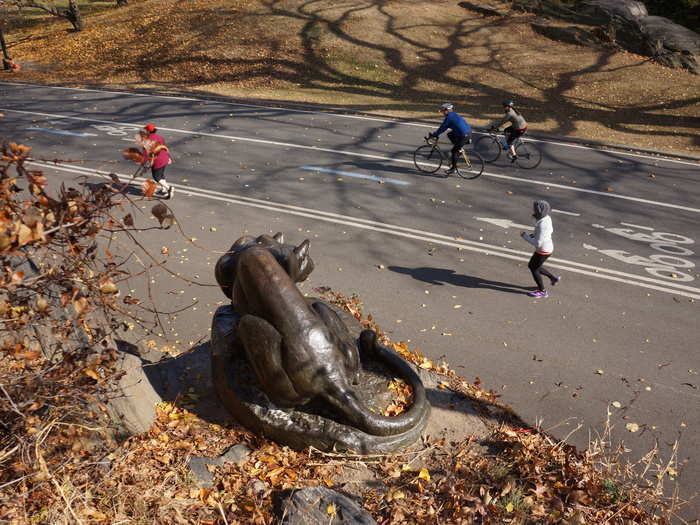 "Still Hunt" is a large bronze panther that overlooks the path near 76th St. To blend better into the landscape, it has no plaque.