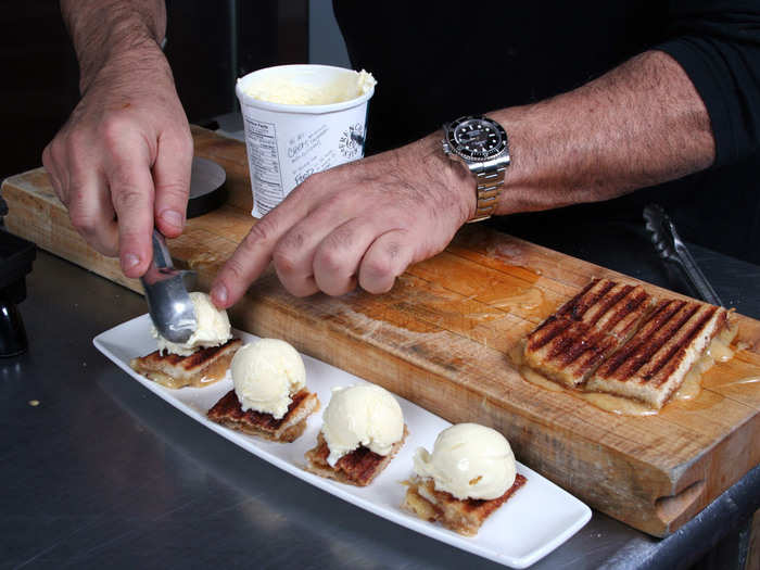 Step 8: Top each quarter with a scoop of High Road Vanilla Fleur de Sel ice cream.