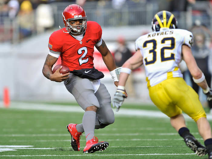 In 2010, Ohio State switched to a solid red helmet and a red jersey with a funky number font.