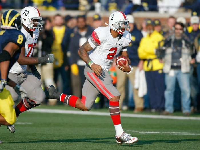 In 2009, Ohio State wore a white jersey with a different striping pattern and a white helmet with numbers on the side.