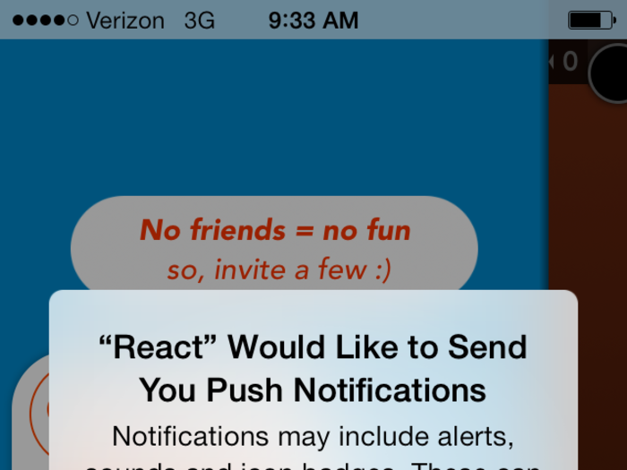 Once you are ready to talk, React will ask you if you want push notifications.