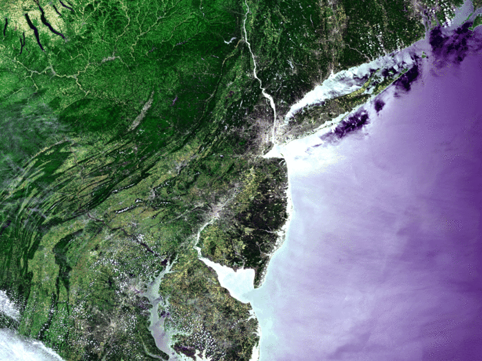 In this photo, this was taken by Envisat in 2005, you can see Manhattan nearly whited out by light pollution. It is the photo is colorized to show different terrains.