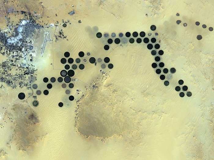 Deep in the Sahara desert is the Al Jawf oasis in Libya. Japan’s ALOS satellite caught the city in 2011. It is in the upper left corner, while the large circular dots are irrigated agricultural plots. They are circular because of a central pivot irrigation system that uses a rotating water pipe at the center of each plot. This city receives virtually no rainfall so it must pump water from deep underground.