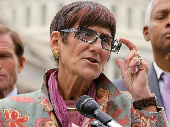 Rep. Rosa DeLauro (D-Conn.) wears crazy-hipster glasses, paisley prints, and endless scarves. Her hair has Dr. Pepper-red streaks.