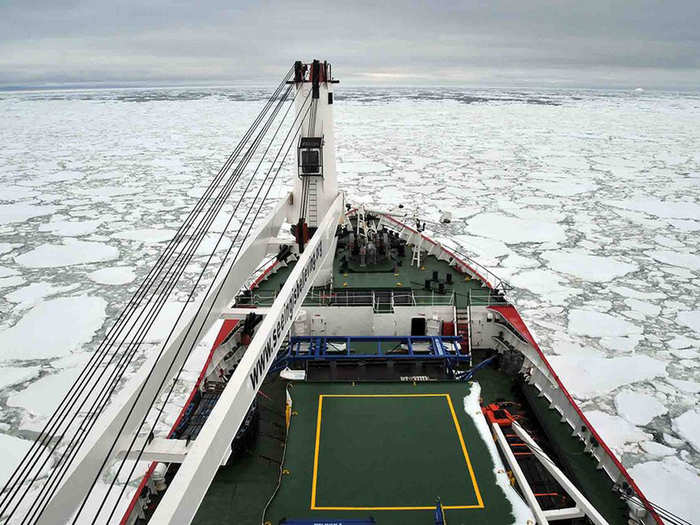 In January, Sir Ranulph Fiennes and his five-man team set off to cross the Antarctic continent during the winter months — a trek that had never been attempted before. Here, their ship reaches the first pack ice, large pieces of ice that have been pushed together into a single mass.