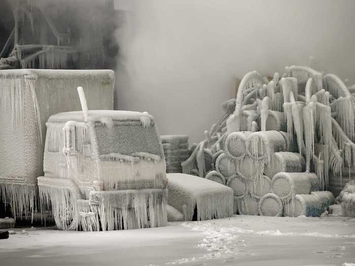 Firefighters put out a raging fire in a Chicago warehouse on Jan. 23, but the bitter cold temperatures turned it into an ice castle.