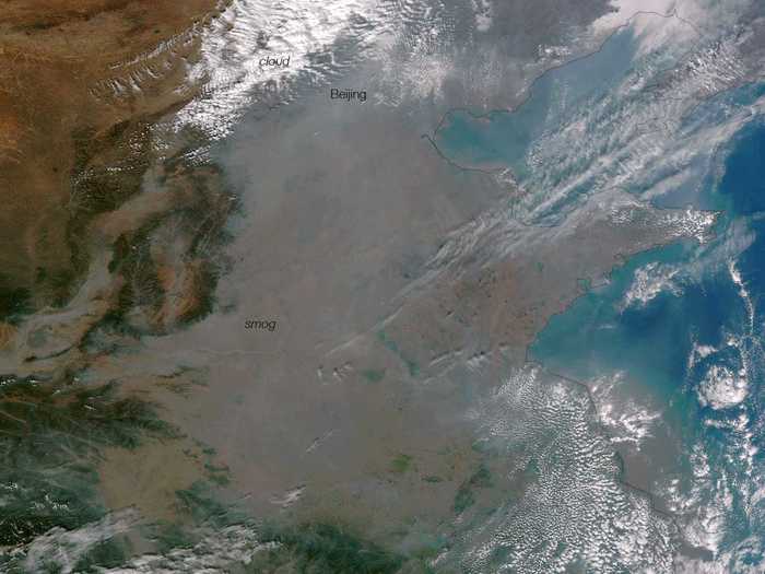 This satellite picture of China from October shows just how bad its smog problem is. Monitors say that air pollution reached up to 40 times the standard set by the World Health Organization in some parts of the country.