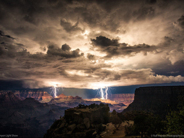 Landscape photographer Rolf Maeder managed to shoot these Grand Canyon lightning storm photos, something very difficult to do. “Catching the lightnings is a guess where they will appear,” said Maeder. “The real outcome can only be seen at its full glory, back at home on the computer."