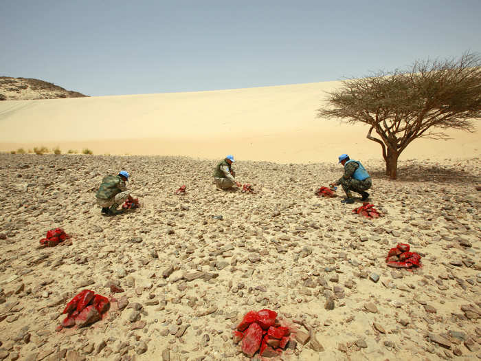 The United Nations Mission for the Referendum in Western Sahara (MINURSO) was established in 1991, following the 16-year war between Morocco and the Polisario Front over the Western Sahara. MINURSO was tasked with overseeing the ceasefire and helping establish the political process.  Here, UN troops mark stones as part of practical training.