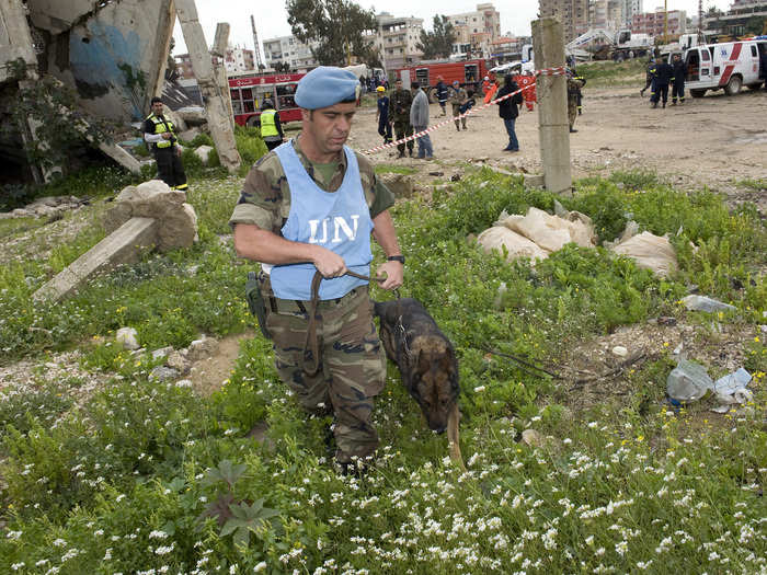 The United Nations Interim Force In Lebanon (UNIFIL) began in 1978 to confirm that Israel had withdrawn from Lebanon and to offer humanitarian aid there. Here, a UN troop demonstrates to Lebanese Armed Forces how to search for survivors during a disaster.