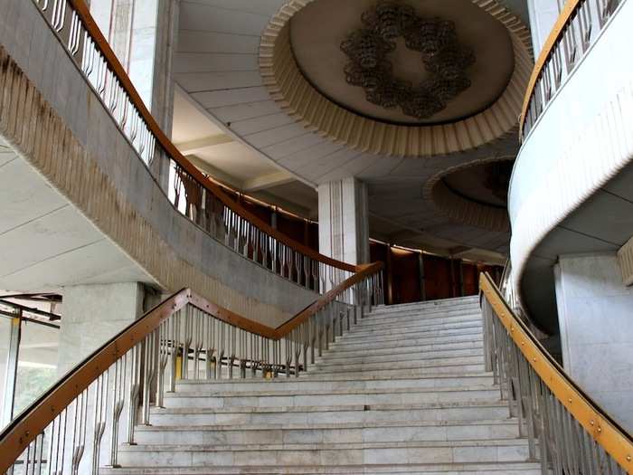 Looking up the elegant staircase to the upper levels of the circus.