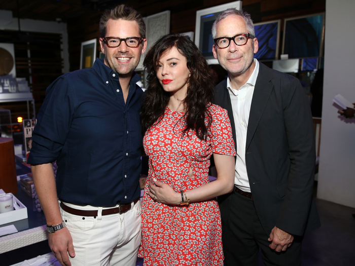 Alex Gaston, Rose McGowan and Mark Cunningham attend Architectural Digest Celebrates Designer Mark Cunningham At The AD Oasis at James Royal Palm Hotel.