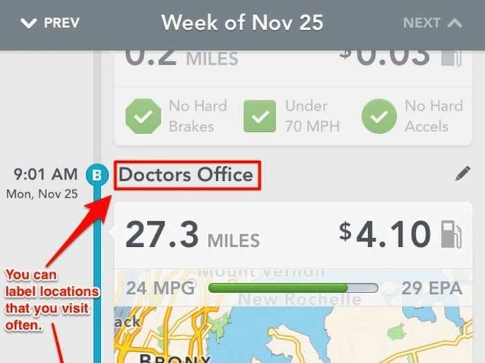 See each trip you made on a map along with what your fuel efficiency was for the trip.