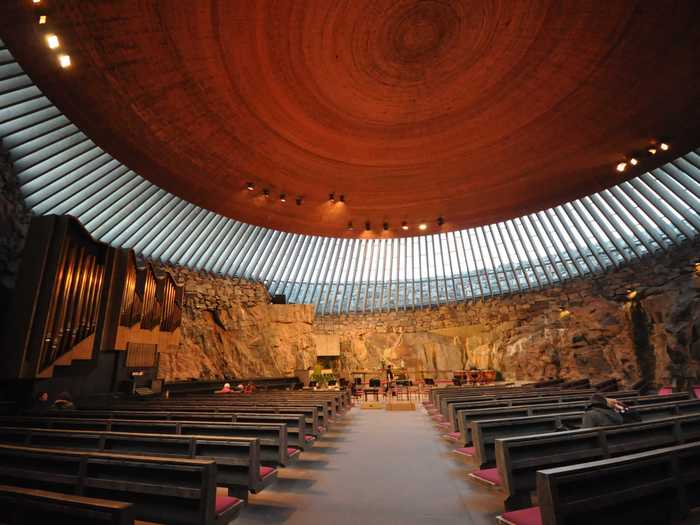 Temppeliaukio Church is a Lutheran Church in Helsinki, Finland. The rock church was built into a granite face, and is also used for concerts.