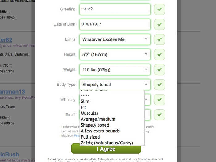 I described myself and my limits, mostly from pull down lists. My options were: something short term, long term, cyber only, "erotic," anything goes. I chose 