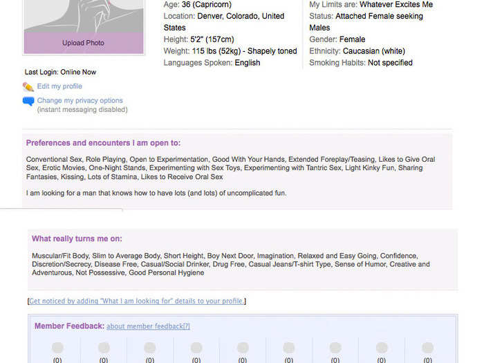 In the end, I opted not to use a profile photo. I tried to sound average, normal, not kinky or weird. This was my final profile. Below, notice that if you date someone from the site, that person can later provide feedback about you.