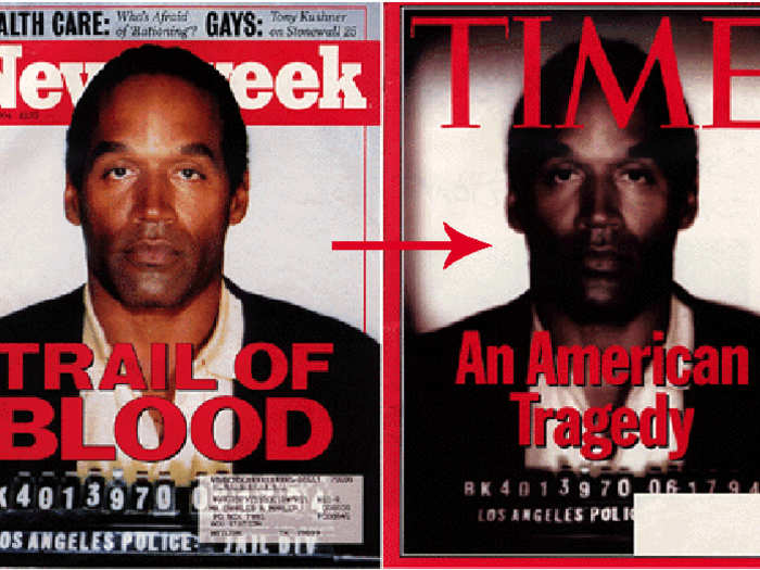 The published cover pictured a retouched Simpson, with noticeably darker skin, making Simpson appear gloomier. Newsweek published a similar cover, but with the original photo showing a clear difference in images.