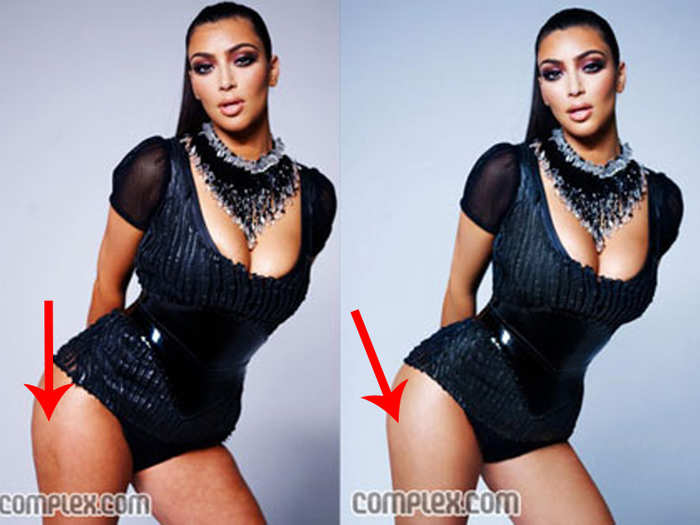 After the original photo was accidentally uploaded on the Complex website, it is apparent that Kardashian has smoother, lighter skin, and a thinner appearance in the retouched version. She spoke out on her website saying, "So what: I have a little cellulite. What curvy girl doesn