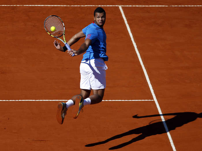 Jo-Wilfried Tsonga returns a volley at the Davis Cup in Buenos Aires.