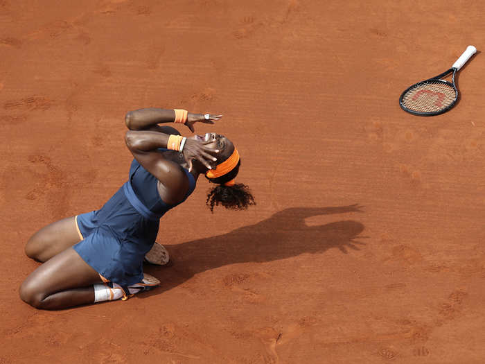 Serena Williams celebrates after defeating Maria Sharapova in the French Open finals.