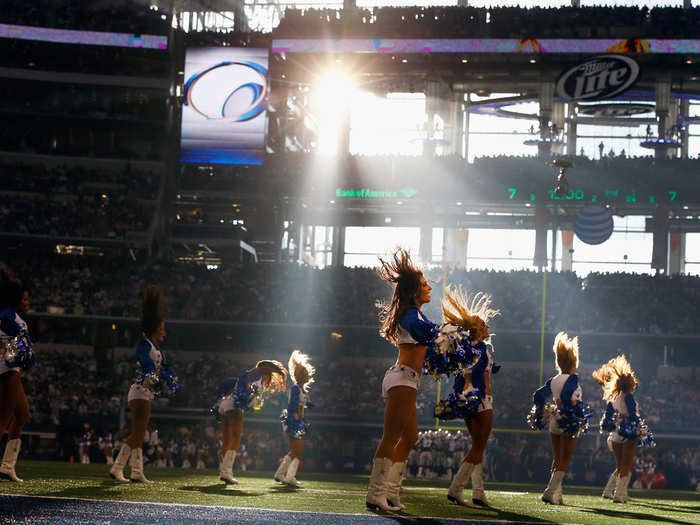 Dallas Cowboys cheerleaders perform at halftime.