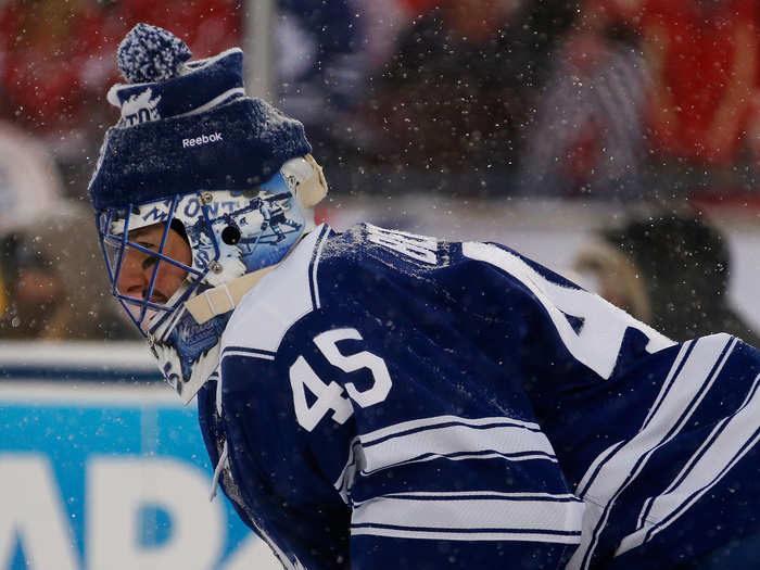 Jonathan Bernier wore a toque over his mask during the game.