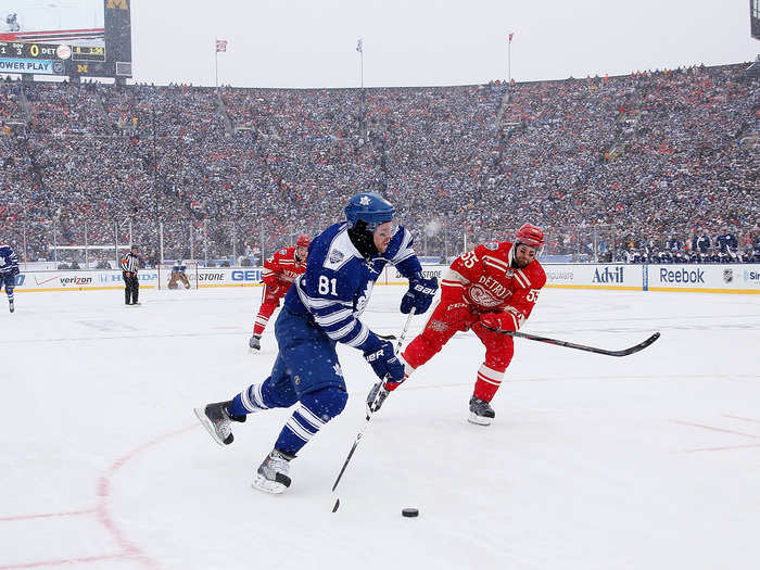 The game looked a lot like backyard pond hockey until you see thousands of fans in the background.