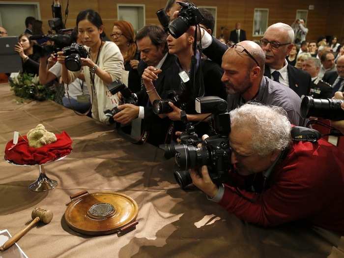 At the 2013 edition of the auction, two truffles weighing 2.09 pounds sold for about $120,000 to a buyer from Hong Kong. The two truffles caused a frenzy with photographers.