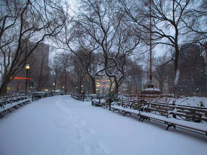 Downtown around 14th Street at Union Square, the morning was quiet and cold with few people about.