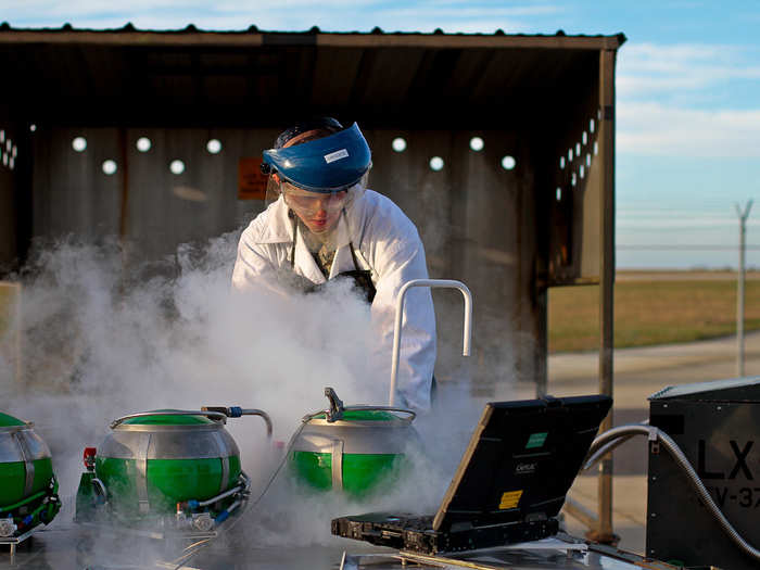 Airman 1st Class Christopher Garrison performs liquid oxygen servicing at Atlantic City Air National Guard Base, N.J. Liquid oxygen is primarily used for aviator breathing. Garrison is an F-16C Fighting Falcon crew chief assigned to the 177th Aircraft Maintenance Squadron with the New Jersey Air National Guard. (U.S. Air National Guard photo/Tech. Sgt. Matt Hecht)