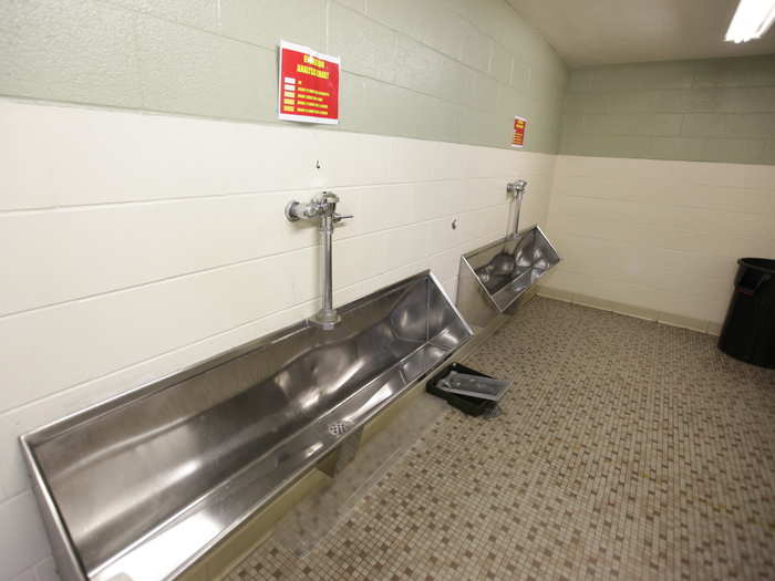 Marines (for this training battalion) pee in troughs. Posted above the trough is how to read urine color for body hydration.