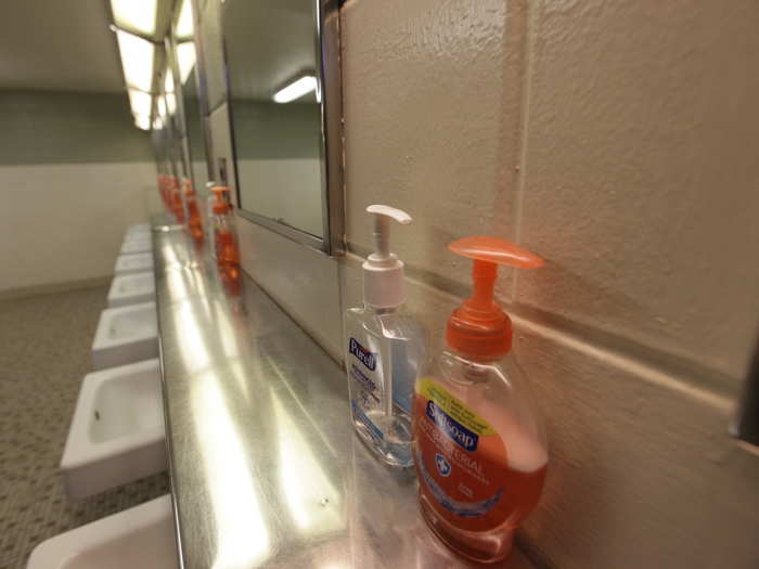 Soap and hand sanitizer stand like Marines in formation all the way down. Hygiene is a huge emphasis when you