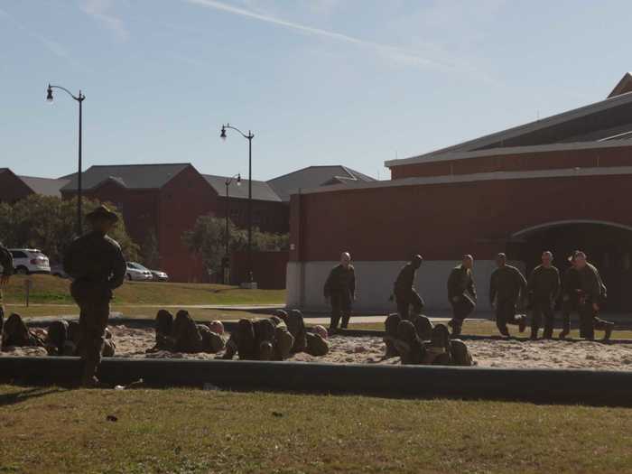 On the drive out I notice a bunch of recruits in the sand pit doing pushups and various calisthenics. A crowd of onlookers from graduation has gathered, smiles on their faces while these recruits chew dirt and the DI screams. Ask me if I miss it, I