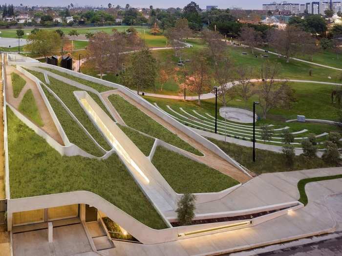 The Los Angeles Museum of the Holocaust is cut into the hillside of its surrounding park. Museum patrons must descend into the hill to enter. (Belzberg Architects)