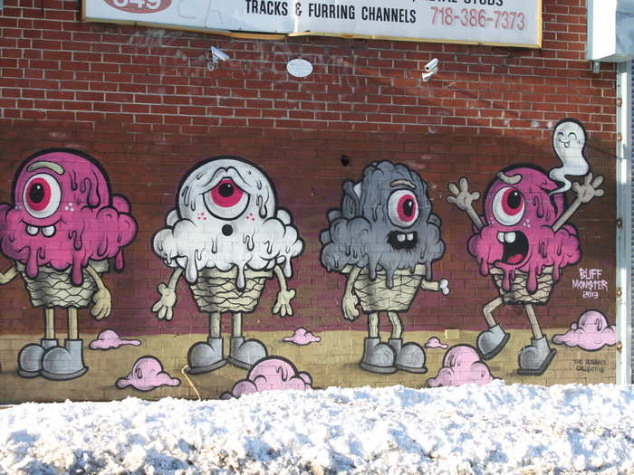 The area, an outdoor art gallery, is now home to dozens of murals, some by well-known artists. Buff Monster, a street artist who is featured in the Banksy movie "Exit Through the Gift Shop," painted these ice cream characters.