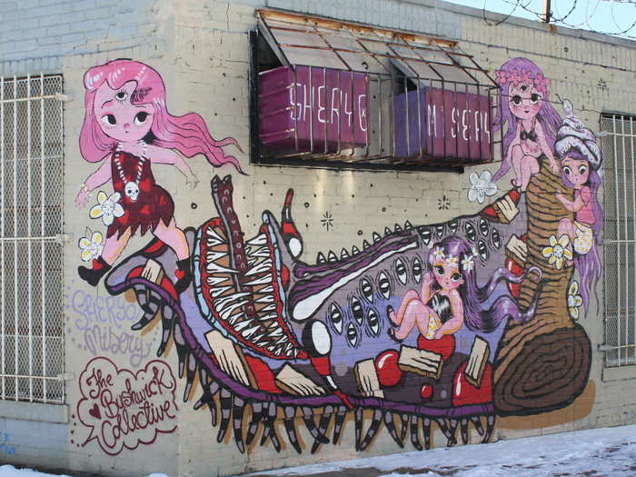 Artists Shery-O and Misery worked together on this surreal piece. Collaborations in street art are fairly common.