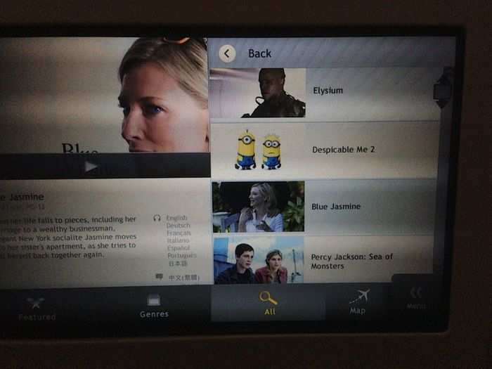 They have surprisingly good movies in Lufthansa Business Class. Elysium. Despicable Me 2. Blue Jasmine. Alien. Amadeus. I could fly Lufthansa Business Class several times and not watch all the movies I might want to watch!
