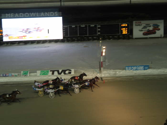 Races start promptly at 7:15 pm. This is a view of the finish line during the first race from a table at Pink.