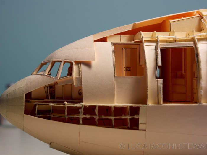 Before the outer skin was applied, you could see right in to the nose, including the cockpit, first-class lavatory, and stairs leading up to the first-class cabin.