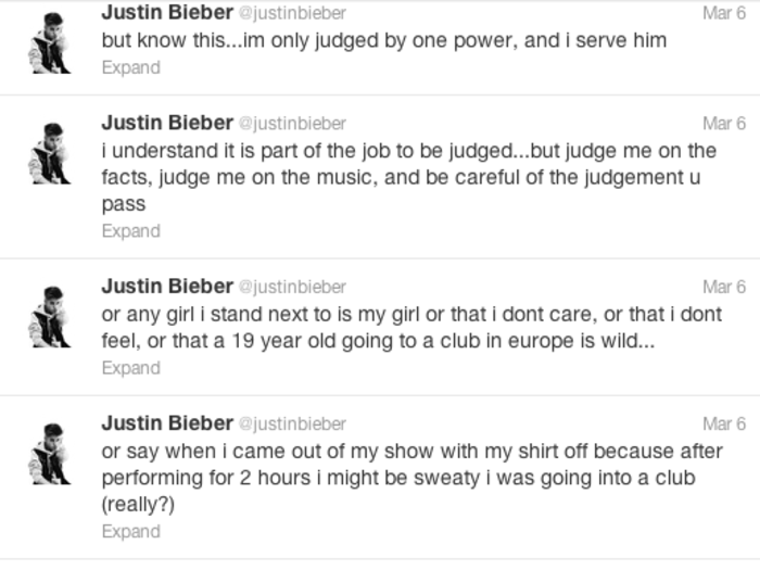 March 6, 2013: Bieber goes on a Twitter-rant against the media, discussing the "rumors" about him.