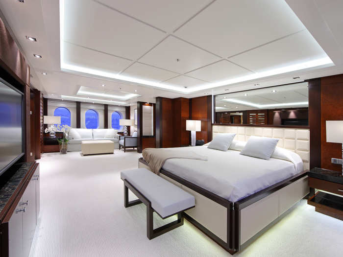 The master suite is one of six luxurious cabins on board. The yacht sleeps up to 12 guests.