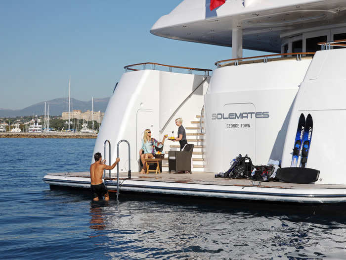 The back deck is the perfect place to jump into the water. It provides easy access for anyone interested in scuba diving or water sports.