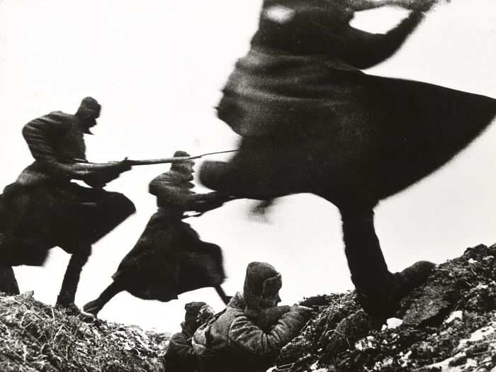 Russian soldiers charge forward on the Eastern Front in 1941.