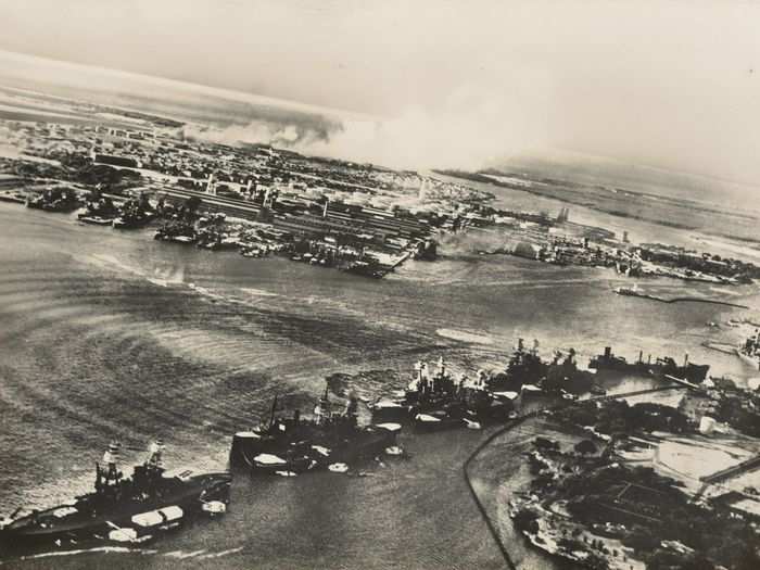 Japanese torpedoes attack Battleship Row during the Pearl Harbor Attack in 1941.