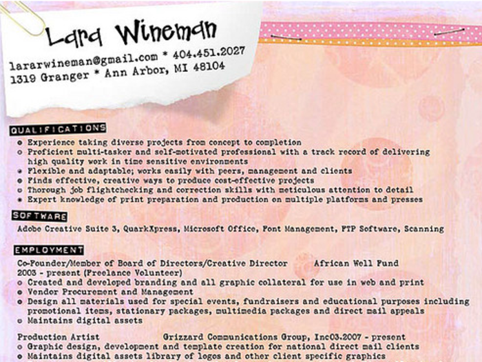 Lara Wineman applied for a job in the scrapbooking industry, and wanted to present a resume that matched.