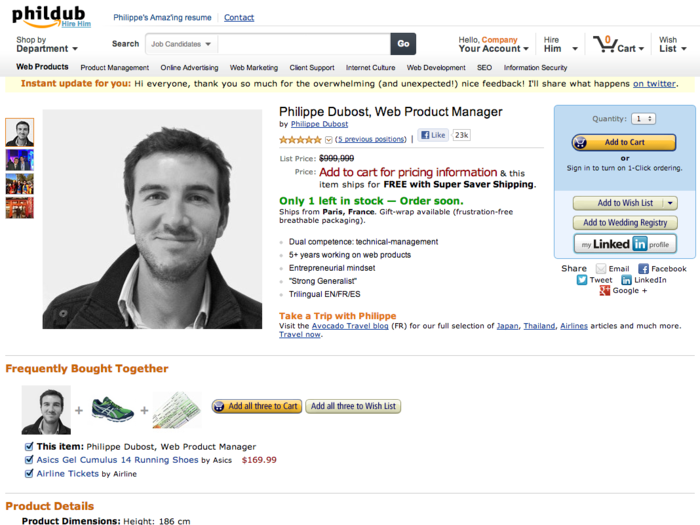 Philippe Dubost built a full-blown Amazon page for himself.