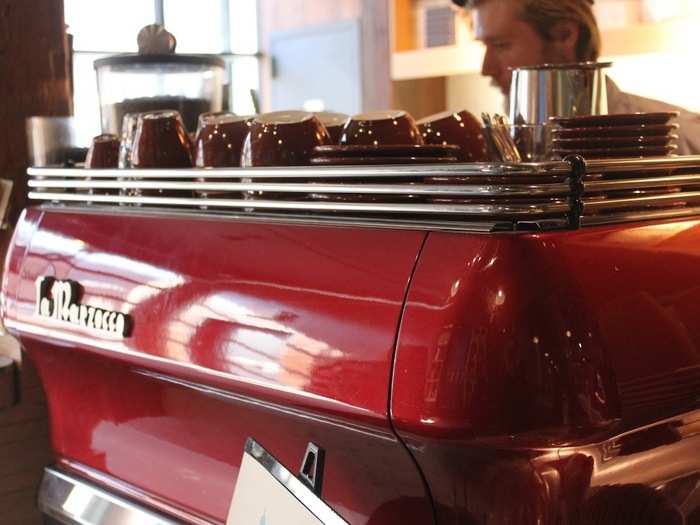 This red La Marzocco espresso machine is a shiny new addition to the kitchen