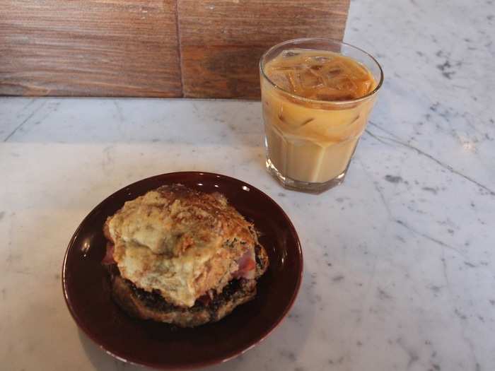 To start, we decided to try the New Orleans iced coffee and the Buckwheat Buttermilk Biscuit Sandwich.