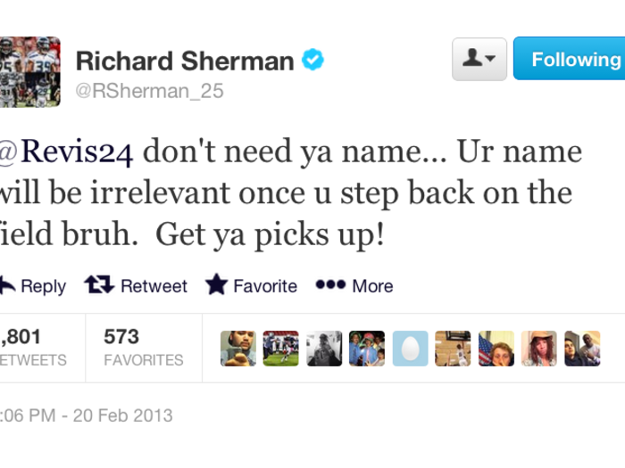 9. "Ur name will be irrelevant once u step back on the field bruh. Get ya picks up!" — to Darrelle Revis.