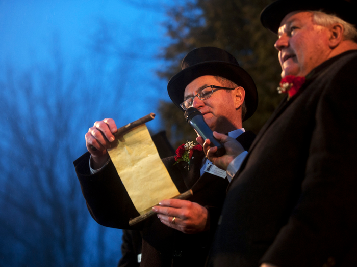 And it was time for Phil to tell Inner Circle President Bill Deeley his prediction. Only the president understands Groundhogese. Deeley then translated for Vice President Jeff Lundy, who read the news to the crowd.